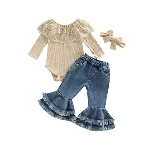 Western Baby Girls, Baby Bell Bottoms, Printed Flare Pants, Newborn Girl Outfits, Girls Fall Outfits, Knitted Romper, Girls Denim