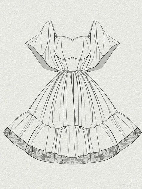 Outfit Drawing Ideas Dress, Outfit Template Drawing, Vintage Dresses Drawing, Flat Sketches Dress, Clothes Design Sketches Women, Drawing Clothes Outfits Sketch, Fashion Flats Illustrations, Frock Drawing, Fashion Outfits Drawing