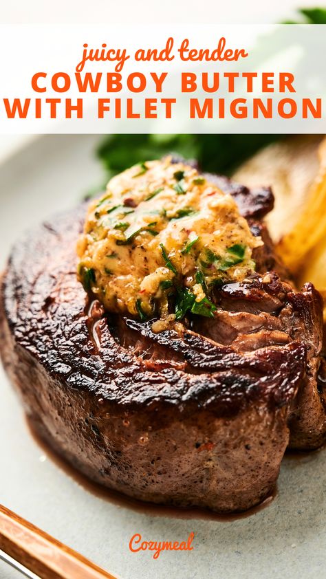 This flavorful cowboy butter with filet mignon is a taste of frontier luxury. These tender, juicy filets deliver a significant flavor payoff with little effort. Top Sirloin Filet Recipes, Sauces For Filet Mignon, Fillet Recipes Beef, Marinade For Filet Mignon Steaks, Petite Tender Beef Filet Recipes, Filet Mignon Sides, Filet Mignon Recipes Pan Seared, Filet Marinade, Smoked Filet Mignon