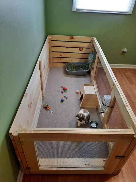 Diy Bunny House Indoor Rabbit, Rabbit Dig Box Ideas Diy, Inside Rabbit Cage Ideas, Bunny Ideas Diy, Homemade Bunny Cage, Bunny House Indoor Diy, Indoor Rabbit Cage Ideas, Diy Bunny Cage Indoor, Indoor Rabbit Setup