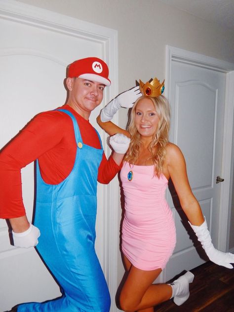 Mario Cart Couples Costumes, Duo Halloween Costumes Princess Peach And Daisy, Couple Costumes Movies, Princess Peach Adult Costume Diy, Princess Peach Costume Diy Women, Mario And Peach Costumes For Couples, Peach And Mario Costume, Nintendo Couples Costumes, Mario And Princess Peach Costume