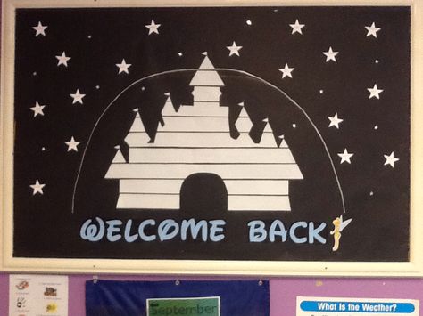 September bulletin board Disney Pta Themes, September Bulletin Board, Disney Bulletin Boards, September Bulletin Boards, Deco Disney, Disney Classroom, Teacher Doors, Class Theme, Welcome Boards