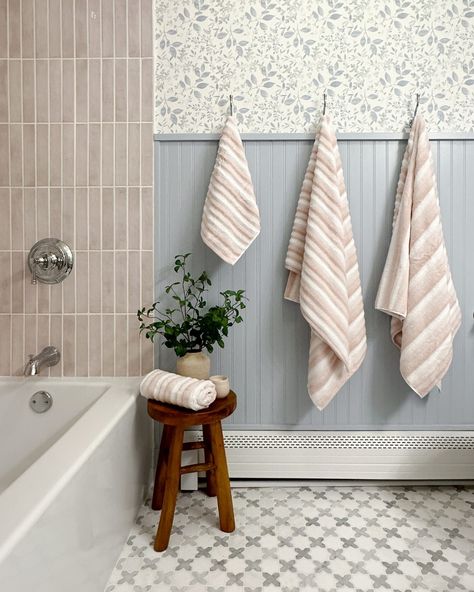 MSI Surfaces | Pastel perfection! Our Stella Blush ceramic tiles and Vera Anne marble tile make this bathroom a dreamy retreat. Big thanks to… | Instagram Blue Beadboard Bathroom, Painting Beadboard, Beadboard And Wallpaper, Beadboard Diy, Installing Beadboard, Shower Tiling, Blue Beadboard, Painted Beadboard, How To Install Beadboard