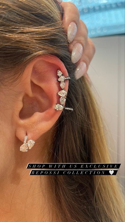 Ear Piercing Ideas Diamonds, Luxury Diamond Piercings For Women, Luxury Pierced Diamond Earrings, Luxury Elegant Piercings With Diamond Accents, Gold Elegant Luxury Piercings, Earring Stack Ideas, Piercing Stack, Earring Stack, Wrist Jewelry