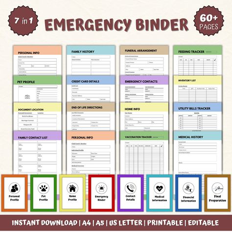 Emergency Binder, Medical Binder, Home Binder, Health Binder, Life Binder, Household binder, Canva Template, Printable Template, Editable templare, Digital Planner, End of life planner. Prepare for the unexpected with our comprehensive Emergency Binder! Safeguard your vital documents, contacts, and crucial information all in one organized and accessible place. From medical records to insurance policies, this binder is your go-to resource in times of crisis. Stay calm, stay organized, and stay pr Just In Case Binder, Home Document Organization, Home Binder Organization, In Case Of Emergency Binder, Health Binder, Family Emergency Binder, Organization Binder, Medical Binder, Organizing Time Management