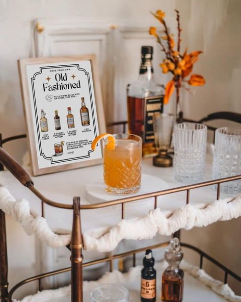 Chic Bar Cart Styling, Bar Cart Styling Ideas, Cocktail Recipe Card, Bar Cart Ideas, Old Fashion Cocktail Recipe, Cocktail Recipes Whiskey, Every Aesthetic, Cart Ideas, Whiskey Cocktail