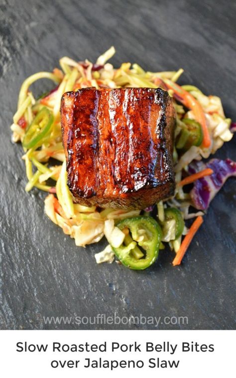 Jalapeno Slaw, Slow Roasted Pork Belly, Asian Pork Belly, Pork Belly Bites, Pork Belly Recipes Crispy, Roasted Pork Belly, Pork Belly Tacos, Farm Cooking, Slow Cooked Pulled Pork