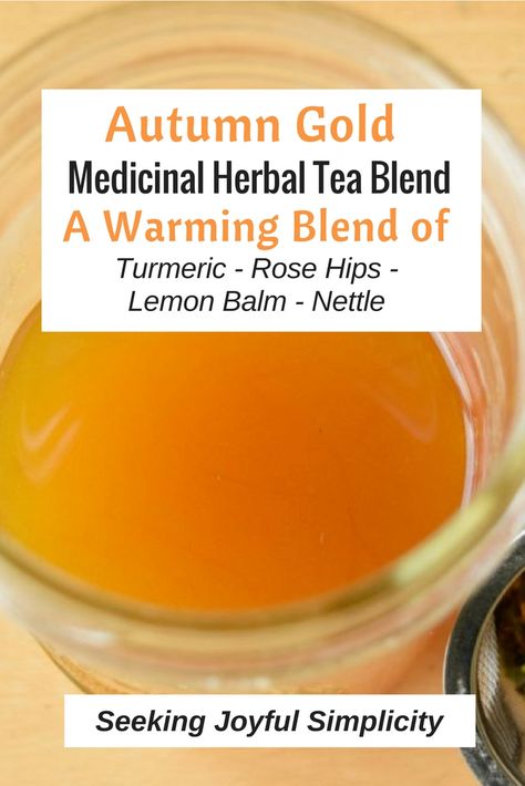 The herbs in this tea blend are nourishing and warming. Perfect for supporting our immune systems as we transition to the new season. This DIY fall tea blend contains the anti-inflammatory turmeric, providing health benefits and a delightful golden glow as embrace the brisk fall season. Make your own nourishing herbal infused tea and stay healthy this fall and winter. Infused Tea, Fall Tea, Matcha Benefits, Gold Tea, Autumn Tea, Turmeric Tea, Herbal Tea Blends, Herbal Infusion, Types Of Tea