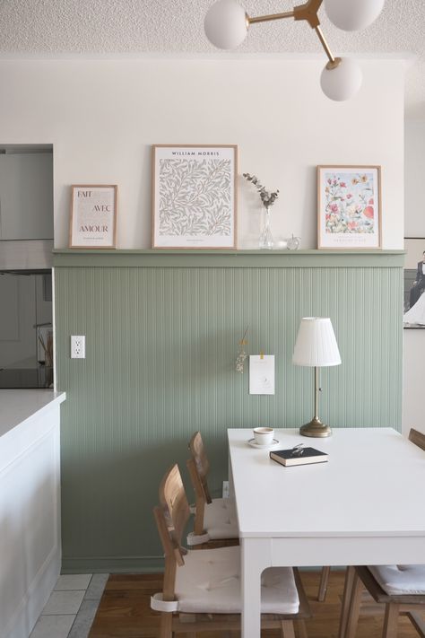 Photo ledge, beadboard wallpaper Office With Beadboard, Beadboard Accent Wall Dining Room, Chair Rail High On Wall, Beadboard Breakfast Nook, Chair Rail With Beadboard, Green Beadboard Living Room, Beadboard Half Wall Green, Wainscoting With Picture Ledge, Beadboard Half Wall Wallpaper