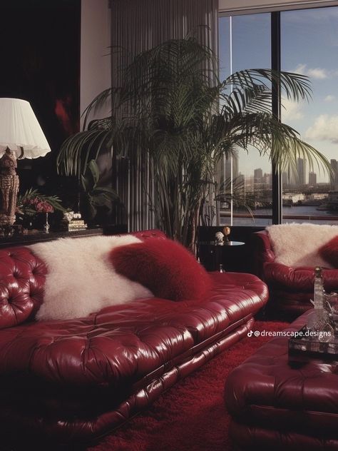 Sultry Apartment, Scarface House, 80s Penthouse, 80s Interior Design, 80s Interior, Retro Interior Design, Future Apartment Decor, Retro Interior, Red Rooms