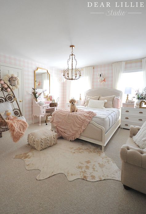 Gold Euro shams and a knit pillow from HomeGoods help add a cozy touch to this pink and white girls bedroom. (sponsored pin) White Girls Bedroom, Cool Kids Rooms, Dekorasi Kamar Tidur, Girl Bedroom Designs, Teen Bedroom Decor, Girl Bedroom Decor, Big Girl Rooms, Room Inspiration Bedroom, Room Ideas Bedroom