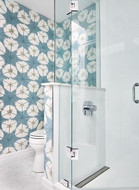 Glass Over Toilet Pony Wall - Transitional - Bathroom Showers With Pony Walls, Wall Between Shower And Toilet, Toilet Pony Wall, Shower Pony Wall Ideas, Pony Wall Bathroom, White And Blue Floral Wallpaper, Bathroom Pony Wall, Pony Wall Ideas, Herringbone Floor Tiles