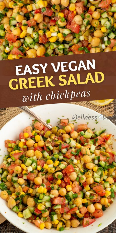 This healthy Chickpea Vegan Greek Salad is easy to make and full of flavor for a quick side dish or a light meal. It is packed with protein, fiber, and colorful veggies. So fresh, juicy and incredibly easy to make, this oil-free salad is one tasty way to stay healthy and happy! Vegan Greek Salad, Mediterranean Vegan, Vegan Chickpea Salad, Chickpea Vegan, Vegan Salad Dressing Recipes, Dressings Recipes, Colorful Veggies, Greek Chickpeas, Vegan Greek