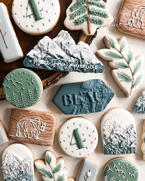 Mountain Cookies Decorated Wedding, Mountain Cookies Royal Icing, Cabin Cookies Decorated, Adventure Cookies Decorated, Outdoor Themed Cookies, Nature Cookies Decorated, Let The Adventure Begin Cookies, Mountain Wedding Cookies, Hexagon Cookies Decorated