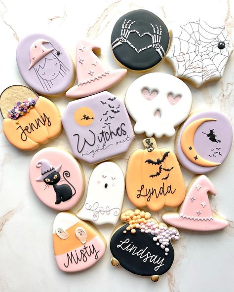 Some cute lil Witch cookies, for a Witches night out! I love a cute Halloween pastel set! 💗🖤💜🧡 | Instagram Witch Cookies, Witch Cookie, Witches Night, Witches Night Out, Halloween Cookies, I Love A, Artist On Instagram, Dia De Muertos, Cute Halloween