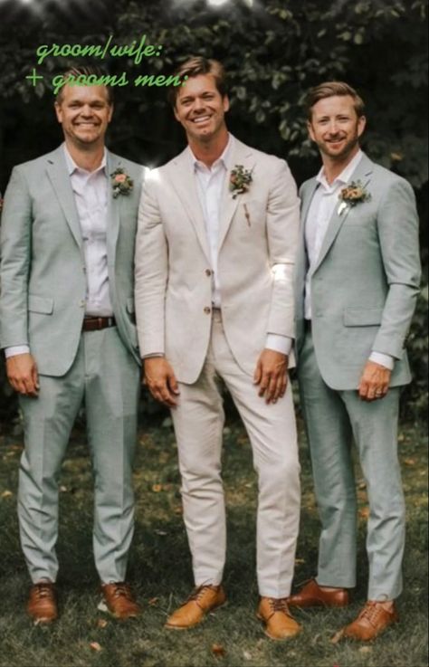 Wedding Color Schemes Bride And Groom, Men Tux Wedding Groom Outfit, Tan Groom With Grey Groomsmen, Beige Suit Sage Tie, Beach Wedding Groom Attire Linen Groomsmen Outfits, Mens Wedding Suit Colors, Garden Wedding Suit Grooms, Ivory Groomsmen Attire, Garden Wedding Suits Men