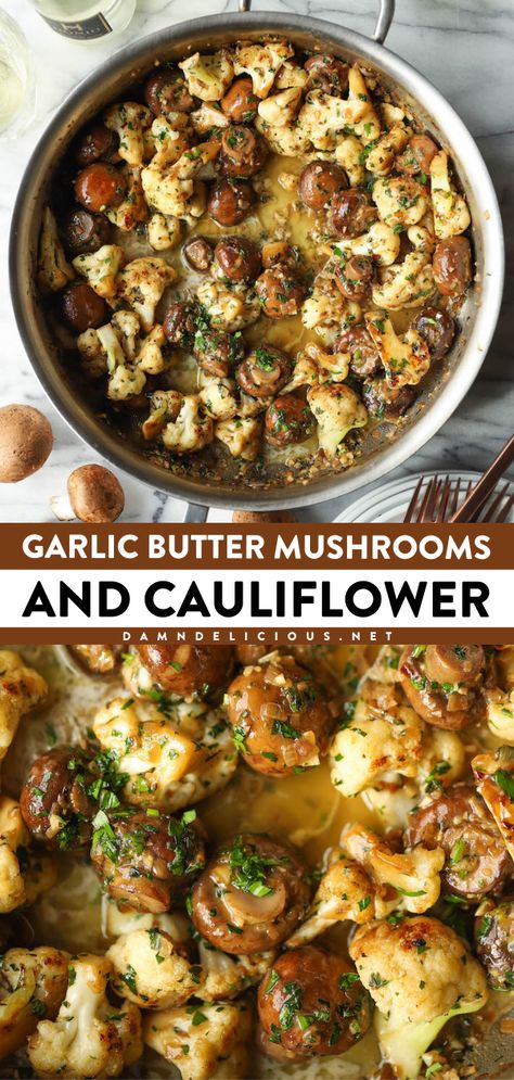 You're just 30 minutes away from this easy vegetable side dish! The whole family will love this Garlic Butter Mushrooms and Cauliflower that's sauteed in flavorful goodness. Put this mushroom cauliflower skillet on your veggie recipes for dinner! Mushroom And Cauliflower, Cauliflower Skillet, Butter Mushrooms, Mushroom Side Dishes, Garlic Butter Mushrooms, Healthier Meals, Cauliflower Recipe, Vegetable Side Dishes Recipes, Side Dishes Recipes