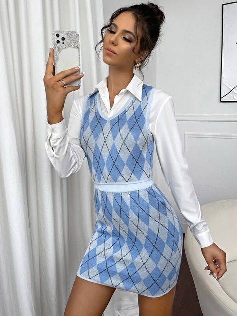 V-neck Argyle Sweater Vest Top and Knit Skirt Set | SHEIN USA Argyle Sweater Outfit, Knit Skirt Set, Knit Sweater Outfit, Argyle Sweater Vest, Sweater Vests, Matching Sweaters, Argyle Pattern, Pencil Skirt White, Sweater Vest Women