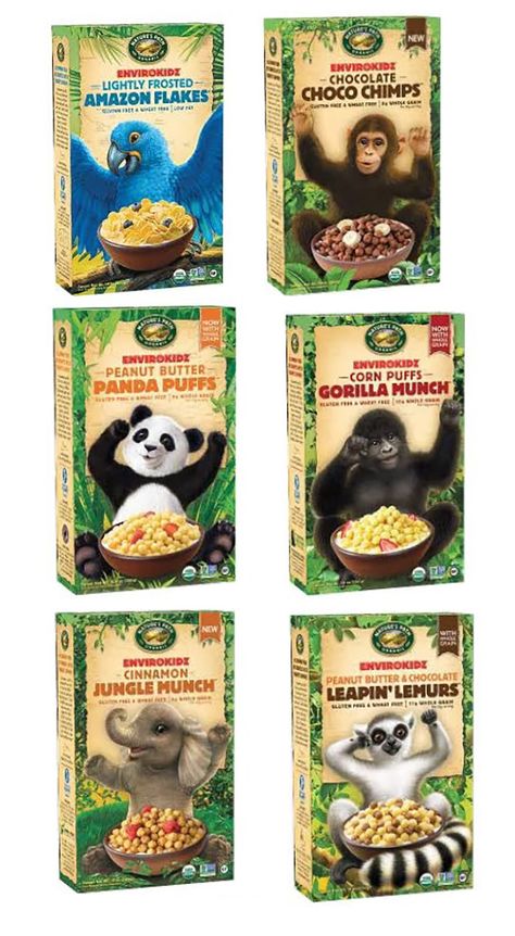 Envirokidz - dairy-free, vegan, gluten-free, organic cereals for kids! Cereal Branding, Organic Cereal, Kids Cereal, Kids Packaging, Cereal Brands, Buttered Corn, Allergy Free Recipes, Food Products, Allergy Free