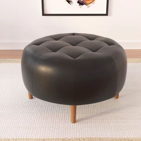 AllModern Loft 31.5'' Wide Genuine Leather Tufted Round Cocktail Ottoman & Reviews | Wayfair Coffee Table Alternatives, Apartment Size Furniture, Craftsman Cottage, Mirror Inspiration, Hallway Wall Decor, Tufted Ottoman, Cocktail Ottoman, Upholstered Ottoman, Leather Ottoman