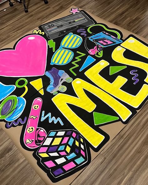 Swipe to see the 7hr long process of a 90s themed 6’x6’ banner in photos 🫠🛼🩵 Elementary School Hallway, Themed Bulletin Boards, 90s School, Painted Banners, School Hallway, School Hallways, School Time, Elementary Education, July 25