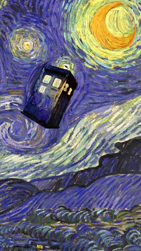 Van Gogh Tardis Doctor Who Starry Night, Emmie Core, Scifi Doctor, Film Memes, Tardis Art, Phone Images, Sf Wallpaper, Doctor Who Wallpaper, Whats Wallpaper