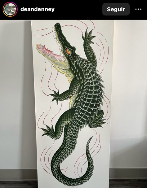 Japanese Alligator Tattoo, Japanese Crocodile Tattoo, Vintage Alligator Illustration, Crocodile Profile, Alligator Reference, Traditional Crocodile Tattoo, Traditional Alligator Tattoo, Alligator Illustration, Alligator Drawing