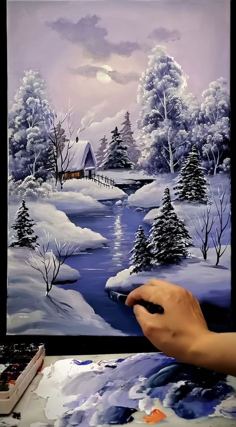 Acrylic Winter Scene Paintings, Snowy Landscape Painting, Snow Painting Acrylic Winter Scenes, Winter Landscape Painting Acrylic Easy, Snow Scenes Winter Landscape, Winter Oil Painting, Winter Scene Paintings, Snow Painting, Art Modeling