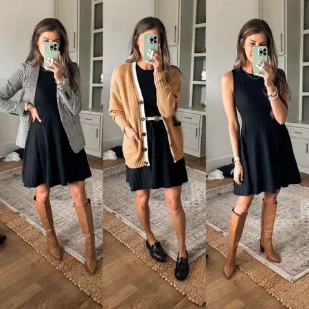 Black Dress With Cardigan Outfit, Fitted Dress With Cardigan, Fall Outfits Blazer, Dress Outfits Fall, Dress With Cardigan Outfit, Style A Sweater Dress, Outfits Blazer, Outfit Ideas For Fall, What To Wear Fall