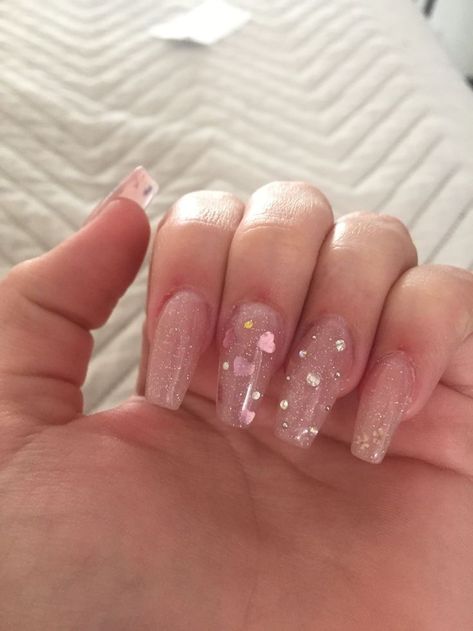 Cute Glitter Nail Designs, Dewy Pink Nails, Natural Nails Butterfly, Pink Glitter Coffin Acrylic Nails, Unquie Tattoo Ideas, Korean Pink Nails, Erika Titus Nails, Korean Almond Nails, Cute Clear Nails