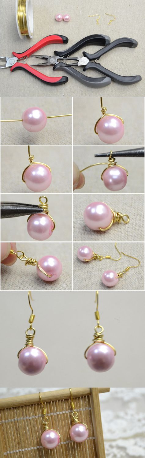 How to Make Pearl Drop Earrings with Pink Pearls and Golden Wires Anting Manik, Make Earrings, Pink Pearls, Wrapped Earrings, Diy Wire Jewelry, Jewelry Techniques, Homemade Jewelry, Handmade Wire Jewelry, Wire Wrapped Earrings