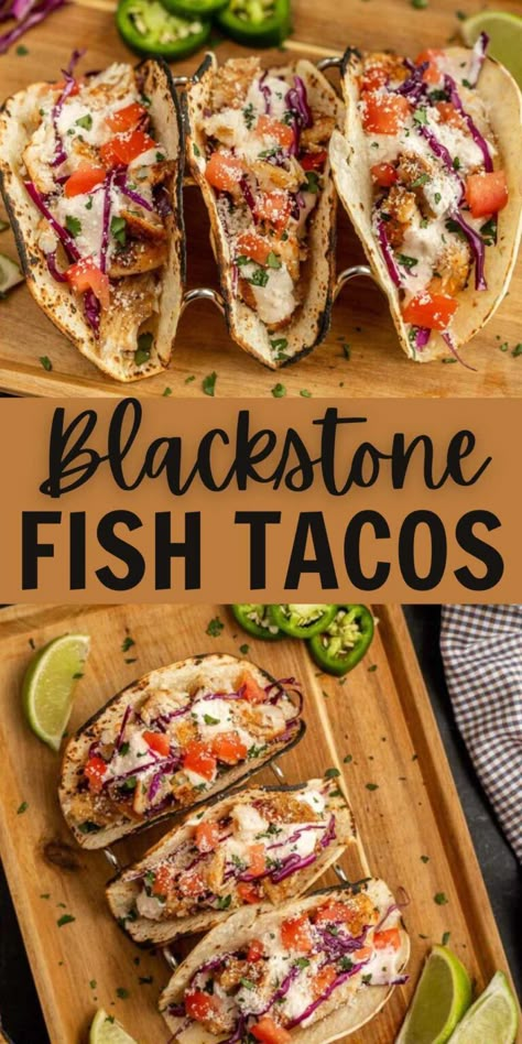 Blackstone Fish Tacos Recipe - grillonadime.com Gourmet Sauce Recipes, Tailgate Blackstone, Loco Griddle Recipes, Blackstone Fish, Blackstone Dinner Ideas, Easy Grill Recipes, Vacation Recipes, Outdoor Griddle Recipes, Blackstone Cooking