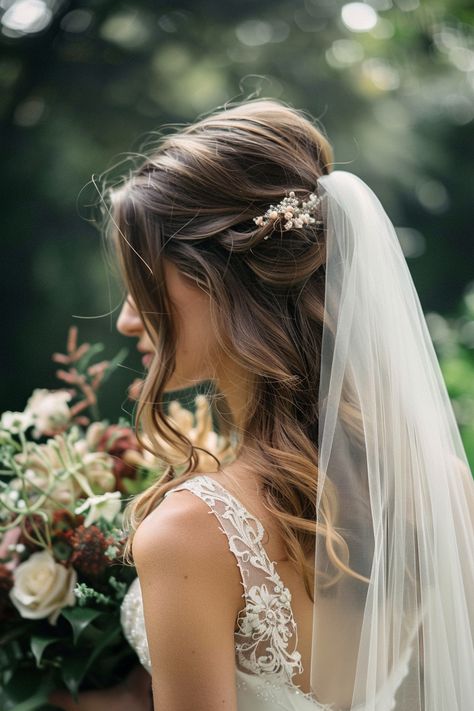 80+ Styles for Brides Opting for Hair Down with a Veil | Matched Hearts Gorgeous Wedding Hair, Bridal Hair Down With Headpiece And Veil, Wedding Day Hairstyles With Veil, Fingertip Veil Hair Down Half Up, Wedding Hair For Long Veil, Hair Wedding Half Up Half Down, Bridal Hairstyles With Veil Hair Down, Bridal Half Up With Veil, Half Up Half Down Wedding Hair With Vail