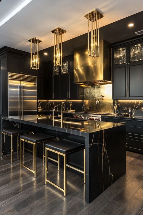 Discover the latest kitchen design with sleek black and gold finishes that exude elegance. This modern setup enhances your culinary space with its stylish cabinets, sparkling countertops, and ambient lighting, creating a chic atmosphere. #KitchenDesign #ModernHome #LuxuryKitchen Sparkle Countertops, Unique Kitchen Ideas, Modern Kitchen Hood, Warm Farmhouse, Black Kitchen Design, Modern Kitchen Cabinet, Cabinet Trends, Kitchen Cabinet Trends, Modern Luxury Kitchen