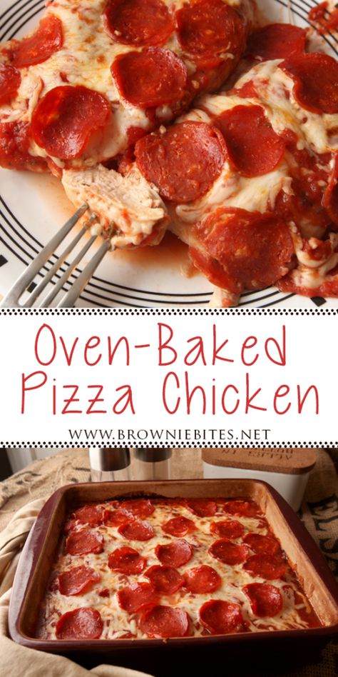 Baked Chicken Pizza, Baked Pizza Chicken, Keto Chicken Pizza Bake, Chicken Pepperoni Bake, Pepperoni Pizza Chicken Bake, Pizza Chicken Recipes, Pepperoni Chicken Bake, Pizza Chicken Breast, Quick Oven Meals