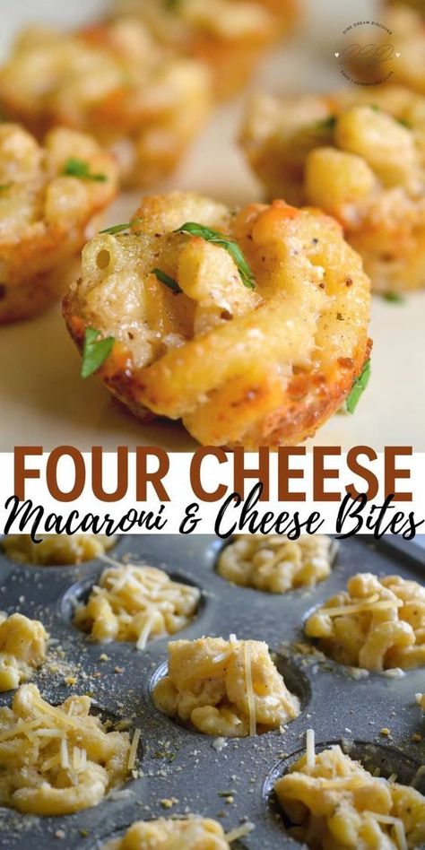 Four Cheese Macaroni & Cheese Bites Mini Macaroni And Cheese Bites, Mac And Cheese Cups Easy, Mini Pasta Appetizer, Mini Mac N Cheese Bites, Pasta Starter Recipes, Macaroni And Cheese Appetizer, Pasta Bites Appetizers, Macaroni And Cheese Bites Appetizers, Mac Cheese Bites Appetizers