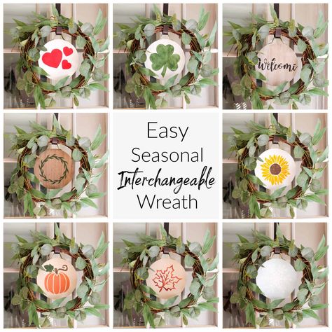 Diy Seasonal Wreaths, One Wreath For All Seasons Diy, Diy Changeable Wreath, Changeable Wreaths For Front Door, Diy Wood Wreaths For Front Door, Interchangeable Wreath Diy, All Season Wreaths For Front Door, Diy Season Changing Wreath, Interchangeable Door Wreaths