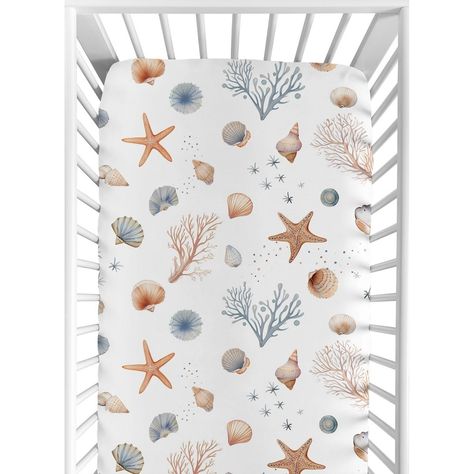 Seashells Collection Sweet Jojo Designs crib sheets are a stylish upgrade to your baby nursery or toddler bedroom and sure to be your favorite newborn essential. Using lightweight and durable material, this crib mattress sheet is made with soft fabrics and fully elastic bottom for a secure fit on most standard crib size and toddler beds. Don’t forget to buy extras! It’s always good to have multiple baby bedding sheets to use in between laundry wash days and easily change in case of emergencies. Ocean Crib Sheets, Ocean Rug Nursery, Water Theme Nursery, Ocean Theme Nursery Boy, Under The Sea Nursery Girly, Leo Nursery, Under The Sea Baby Room, Underwater Nursery Theme, Ocean Baby Nursery