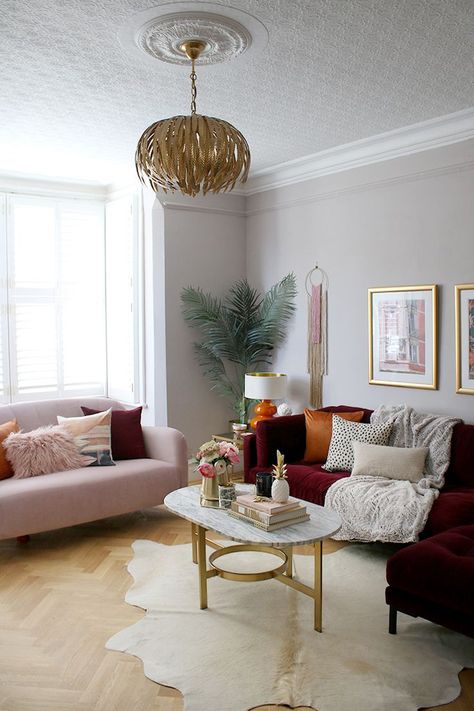 living room with pink and burgundy sofas and parquet flooring Victorian home Burgundy And Blush Living Room, Living Room With Pink Sofa, Burgundy Sofa Living Room, Burgundy Couch Living Room, Burgundy Couch, Victorian Flat, Burgundy Sofas, Burgundy Living Room, 3 Piece Living Room Set