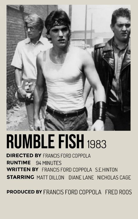 80s Movies Polaroid Poster, Rumble Fish Movie, Movies From The 80s And 90s, Rumble Fish Aesthetic, Rumble Fish Poster, Matt Dillon Poster, Matt Dillon Aesthetic, Matt Dillon Rumble Fish, 80s Movies Aesthetic