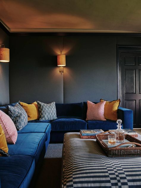 Cotswold Family Manor | Sims Hilditch - Sims Hilditch Blue Velvet Sofa Living Room, Family Manor, Cinema Rooms, Blue Sofa Living, Sims Hilditch, Velvet Sofa Living Room, Blue Velvet Sofa, Moody Interiors, Timeless Interiors