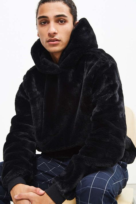 $69 small UO Faux Fur Hoodie Sweatshirt Fur Hoodie Outfit, Faux Fur Hoodie, Mens Fur, Fur Hoodie, Button Down Shirt Mens, Cozy Hoodie, Hoodie Outfit, Line Jackets, Shop Mens Clothing