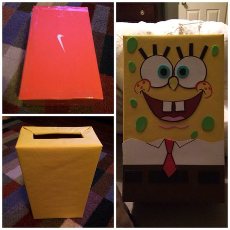 Spongebob Valentines Box. Shoe box, bulletin board paper, card stock, foam sheets and markers. A little knowledge in drawing is something to have too. Good Luck! Spongebob Valentine Box Ideas, Spongebob Valentines, Valentine Box Ideas, Girls Valentines Boxes, Valentine School, Kids Valentine Boxes, Boys Valentines, Valentine Card Box, Bulletin Board Paper