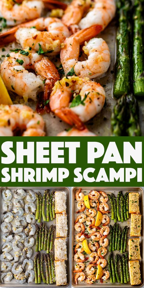 Sheet Pan Shrimp Scampi - garlicky shrimp scampi with tender asparagus and garlic bread all on one sheet pan. Easy dinner for two! Sheet Pan Shrimp Scampi, Healthy Dinner Recipes With Shrimp, Sheet Pan Shrimp And Veggies, Shrimp Sheet Pan Recipes, Shrimp Sheet Pan Dinner, Sheet Pan Shrimp, Easy Shrimp Recipes, Seafood Recipes Healthy, Shrimp And Asparagus