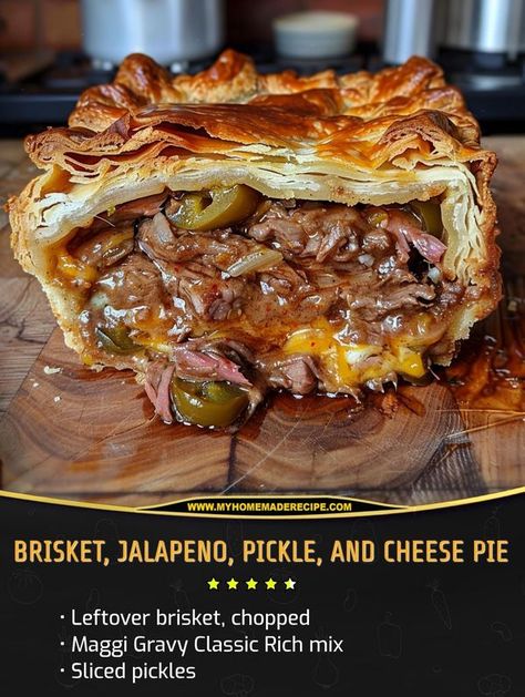 Brisket Jalapeño Cheddar Pie, Brisket Jalapeno Cheese Pie, Brisket Jalapeño And Cheese Pot Pie, Shredded Brisket Recipes, Brisket Pot Pie, Pickle And Cheese, Leftover Brisket Recipes, Cornbread Pie, Cheese Pie Recipe