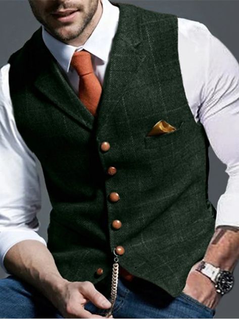 Men's Retro Vintage Vest Herringbone Tailored Fit Notch Single Breasted More-button Light Green Blue Dark Green 2023 2024 - $35.99 Mens Green Vest, Vest Tailored, Suit Vest Outfits, Green Suits, Olive Green Vest, Wedding Vest, Groom Tux, Corporate Goth, Elopement Dress