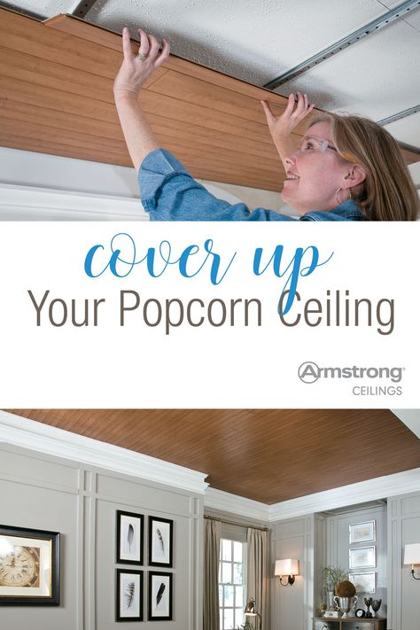 Cover up your popcorn ceiling with Armstrong Ceilings. #sponsored Covering Popcorn Ceiling, Easy Home Improvement Projects, Shiplap Ceiling, Armstrong Ceiling, Easy Home Improvement, Plank Ceiling, Diy Hanging Shelves, Beadboard Ceiling, Popcorn Ceiling