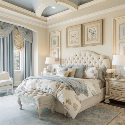 Neoclassical Bedroom in Soft Blue and Cream [Room Concept] Neoclassical Bedroom Design, Bedroom Inspirations Colorful, Cream Color Bedroom, Neoclassical Bedroom, Blue And Cream Bedroom, Cream Color Palette, Home Wall Colour, Cream Bedrooms, Cream Room