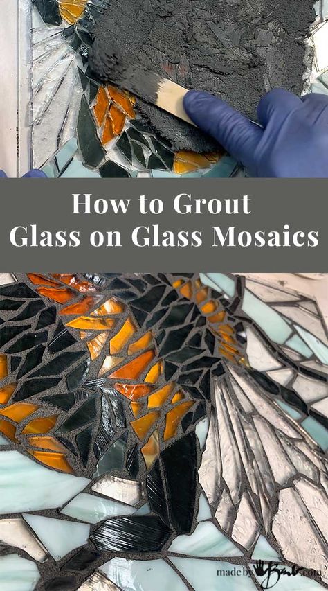 Stained Glass On Glass Mosaic, How To Make Stained Glass Patterns, Mosaic On Glass Diy, Mosaic With Black Grout, How To Grout Mosaic Art, Grout For Mosaic Art, How To Grout Mosaic Tile, Glass Tile Mosaic, Glass On Glass Mosaic Window Diy