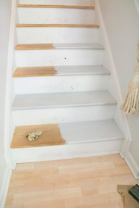 How to refinish stairs that were carpeted and possibly use outdoor deck stain | using outdoor wood stain inside the house | gray wood stain | light gray wood stain | refinishing stairs | #stairs #stairmakeover Bare Wood Stairs, Remove Carpet From Stairs, Refinishing Stairs, Refinish Staircase, Stairs Remodeling, How To Remove Carpet, Painting Stairs, Refinish Stairs, Metal Wall Decor Bedroom